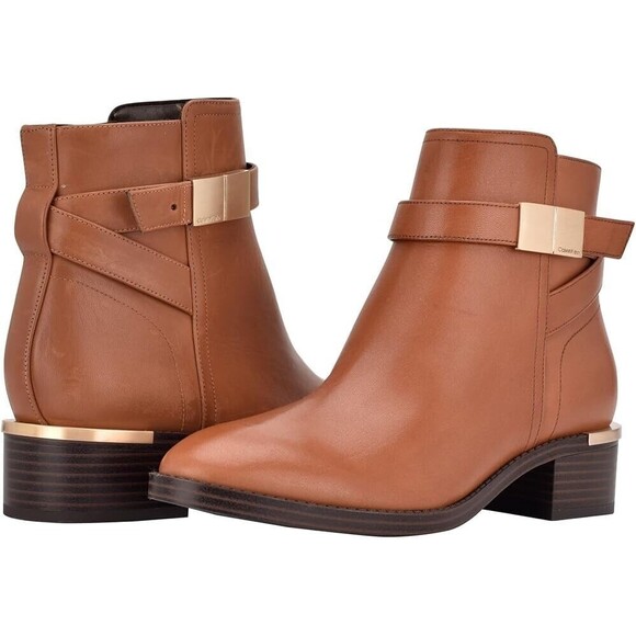 Calvin Klein Dwayne Women's US 7M Bootie Brown Leather Ankle Zip Block Heel NWOB - Picture 2 of 13